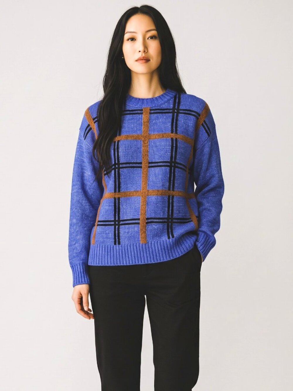 Nine West Blue Cable Knit Sweater with Plaid Pattern